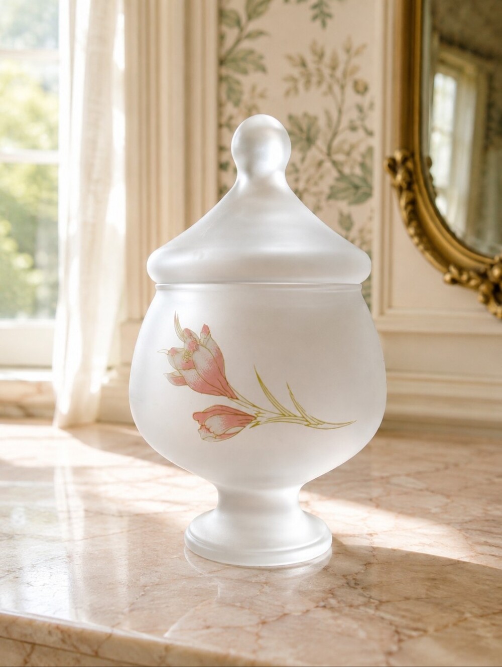 Vintage Paşabahçe Frosted Glass Floral Lidded Candy Jar Turkey 7.5"